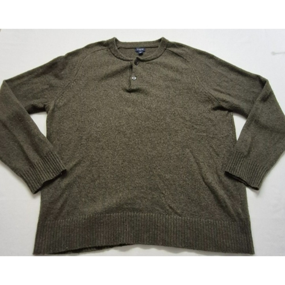 J Crew men's green pullover tight knit Henley sweater sz. XL Lamb wool blend